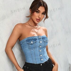 SHEIN Unity Flap Pocket Button Front Tube Denim Top